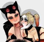  2girls batman_(series) catwoman dc dc_comics fellatio female harley_quinn multiple_girls oral pov selina_kyle 