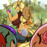  ! 1girl 2016 anthro anthrofied apple applejack_(mlp) arnachy ass blonde_hair breasts clothed clothing cowboy_hat cutie_mark earth_pony equine food freckles friendship_is_magic fruit furry green_eyes grin group hair hat high_res holding_object horse laugh long_hair mammal my_little_pony outside paint pinkie_pie pony prank rainbow_dash tree 