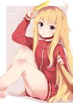 1girl 1girl artist_name black_eyes blonde_hair blush commentary english_commentary from_side gabriel_dropout gabriel_tenma_white grey_background hair_between_eyes halo head_tilt high_res holding horns jacket long_hair long_sleeves looking_at_viewer messy_hair nahaki no_pants outside_border panties pantyshot parted_lips single_horn sitting track_jacket underwear very_long_hair white_panties zipper