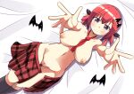 1girl 1girl alternate_breast_size bad_id bad_nijie_id bat_hair_ornament bed_sheet big_breasts blush breasts commentary_request gabriel_dropout hair_ornament hair_rings inverted_nipples looking_at_viewer lying naruse_mai navel nipples on_back outstretched_arms plaid plaid_skirt purple_eyes pussy red_hair satanichia_kurumizawa_mcdowell skirt smile uncensored