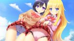  2_girls :o blonde_hair blue_eyes blue_panties blush bow bow_panties bowtie brown_sweater cameltoe cardigan circle_name clothes_lift cloud cloudy_sky commentary_request cowboy_shot crotch_seam day dress_shirt dutch_angle frilled_panties frills gabriel_dropout gabriel_tenma_white hair_ornament lifted_by_self liya long_hair looking_at_viewer miniskirt multiple_girls open_mouth outside panties parted_lips pink_panties plaid plaid_skirt purple_eyes purple_hair red_bow red_bowtie red_skirt ribbon-trimmed_panties school_uniform shirt short_hair skirt skirt_lift sky standing sweater thigh_gap underwear very_long_hair vignette_tsukinose_april white_shirt wing_collar x_hair_ornament yumehiko 