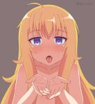 1girl 1girl ahoge bad_id bad_pixiv_id blonde_hair blue_eyes collarbone commentary_request gabriel_dropout gabriel_tenma_white grey_background heart heart-shaped_pupils high_res long_hair looking_at_viewer messy_hair nude nyaroon oral_invitation own_hands_together small_breasts symbol-shaped_pupils tongue tongue_out twitter_username upper_body