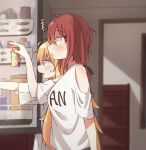 2_girls alternate_hairstyle blonde_hair blush can clothes_writing clothing_cutout commentary_request from_side gabriel_dropout gabriel_tenma_white hair_ornament hairclip high_res holding holding_can indoors long_hair low_twintails multiple_girls open_mouth orange_hair piyomi purple_eyes refrigerator satanichia_kurumizawa_mcdowell sfw shirt short_sleeves shoulder_cutout sweatdrop twin_tails v-shaped_eyebrows very_long_hair white_shirt