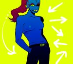 1girl 2010s 2016 2d 2d_(artwork) anthro areola areolae blue_body blue_skin breasts digital_media_(artwork) eyepatch female female_anthro female_only fish fish_girl green_background hands_in_pockets long_hair looking_at_viewer marine monster monster_girl nipples non-mammal_breasts red_hair simple_background solo solo_anthro solo_female topless topless_anthro topless_female twitter underkadi undertale undertale_(series) undyne video_games yellow_sclera
