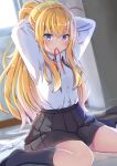 1girl 1girl absurd_res adjusting_hair black_skirt black_socks blonde_hair blue_eyes blush commentary_request day gabriel_dropout gabriel_tenma_white hair_tie_in_mouth high_res indoors kneehighs long_hair looking_at_viewer mouth_hold on_floor pleated_skirt ponytail red_ribbon ribbon school_uniform seiza shirt sitting skirt socks tenma-gav tying_hair uniform very_long_hair white_shirt
