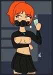 1girl arm_under_breasts artist_name big_breasts breasts female_only gas_mask hand_under_breast holding_phone orange_eyes orange_hair original_character phone red_hair self_upload shy smgbullet