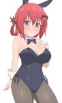 1girl 1girl animal_ears bad_id bad_pixiv_id bare_arms bare_shoulders bat_hair_ornament big_breasts black_bow black_bowtie black_leotard black_pantyhose blush bow bowtie breasts cleavage contrapposto detached_collar fake_animal_ears fang gabriel_dropout hair_between_eyes hair_ornament hair_rings hand_on_own_chest high_res leotard nyaroon pantyhose playboy_bunny rabbit_ears red_eyes red_hair satanichia_kurumizawa_mcdowell shiny_clothes side-tie_leotard strapless strapless_leotard sweatdrop wavy_mouth white_background