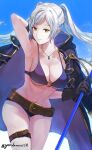 1girl alluring alternate_costume belt belt_buckle big_breasts bikini black_coat blue_sky braid breasts brown_belt buckle cleavage closed_mouth coat day female_only fire_emblem fire_emblem_awakening fire_emblem_heroes french_braid gimkamres04 grey_hair high_res holding holding_polearm holding_weapon jewelry long_hair looking_at_viewer navel necklace nintendo o-ring o-ring_bikini official_alternate_costume outside polearm purple_bikini purple_swimsuit robin_(female)_(fire_emblem) robin_(fire_emblem) robin_(fire_emblem)_(female) robin_(summer)_(fire_emblem)_(female) sky smile stomach swept_bangs swimsuit twin_tails twitter_username weapon white_hair yellow_eyes