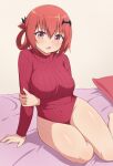 1girl 1girl bad_id bad_pixiv_id bare_hips bat_hair_ornament covered_navel gabriel_dropout hair_ornament hair_rings heattech_leotard high_res highleg highleg_leotard leotard looking_at_viewer meme_attire nyaroon red_hair red_leotard red_sweater ribbed_leotard ribbed_sweater satanichia_kurumizawa_mcdowell sweater thighs turtleneck turtleneck_sweater uniqlo v-shaped_eyebrows