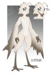 1girl 2022 3_fingers anthro avian avian_feet beak biped blue_eyes blush english_text feathered_wings feathers female_only fingers flat_chested freckles furry genitals high_res innie_pussy lyra_(w4g4) nude open_mouth pussy simple_background standing tail_feathers text w4g4 winged_arms wings