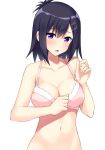 1girl 1girl :o bad_id bad_twitter_id bare_arms bare_shoulders black_hair blush bra breasts cleavage cocona collarbone embarrassed gabriel_dropout hair_ornament hairclip head_tilt looking_at_viewer medium_breasts navel open_mouth pink_bra purple_eyes raised_eyebrows short_hair simple_background stomach underwear underwear_only upper_body vignette_tsukinose_april white_background x_hair_ornament
