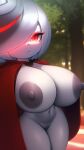  1girl ai_generated big_breasts breasts cloak dark_nipples functionally_nude mobians.ai nipples pale_skin pussy red_cloak red_clothing red_eyes red_highlights sage_(sonic) sega solo sonic_frontiers two_tone_hair white_hair wide_hips 