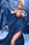 1girl artist_signature big_breasts big_thighs blonde_hair blue_dress blue_eyes breasts breasts_out breasts_out_of_clothes breasts_out_of_dress brown_eyebrows cleavage detailed_background disney dress elsa elsa_(frozen) female_only flowerxl frozen_(movie) hand_on_chest legs_out long_hair looking_at_another nipples nipples_outside pale-skinned_female pinup platinum_blonde_hair ponytail princess purple_background purple_eyebrows slim_waist snowflakes snowing solo_female tagme