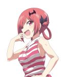1girl 1girl :d armpit_peek bare_shoulders bat_hair_ornament breasts commentary_request fang gabriel_dropout hair_ornament hair_ribbon hair_rings hand_to_own_mouth laughing looking_down medium_breasts open_mouth red_eyes red_hair ribbon satanichia_kurumizawa_mcdowell shirt sideboob sincos sleeveless smile smug striped striped_shirt upper_body v-shaped_eyebrows white_background