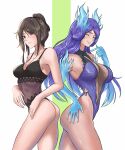  2_girls :d absurd_res alluring ass bare_shoulders big_breasts black_one-piece_swimsuit blue_fire blue_gloves blue_hair blue_one-piece_swimsuit breasts brighid brighid_(water_lily)_(xenoblade) brighid_(xenoblade) brown_hair calmgreentori cleavage closed_eyes closed_mouth collarbone commentary elbow_gloves english_commentary fire gloves green_background grin high_res long_hair looking_at_viewer morag_ladair morag_ladair_(obligatory_leave)_(xenoblade) morag_ladair_(xenoblade) multiple_girls nintendo one-piece_swimsuit open_mouth red_eyes smile swimsuit teeth two-tone_background white_background xenoblade_(series) xenoblade_chronicles_(series) xenoblade_chronicles_2 