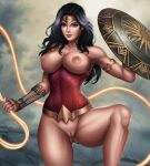  1female 1girl abstract_background armgloves arms_behind_head big_breasts black_hair blue_eyes bodysuit breasts_out_of_clothes day dc_comics diana_prince dutch_angle female_only flowerxl front_view hand_on_head hand_on_weapon heroine huge_breasts long_hair looking_at_viewer nipples no_skirt pale-skinned_female partially_clothed pose pussy red_bodysuit seductive_eyes seductive_pose shield side_view smile standing superheroine thick_thighs tiara whip white_background wonder_woman wonder_woman_(series) 
