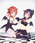 2_girls :d arm_grab black_hair black_legwear blush bow breasts checkered_floor cleavage collarbone commentary demon_girl demon_horns demon_tail demon_wings elbow_gloves gabriel_dropout gloves grabbing_another&#039;s_chin hair_ornament hair_ribbon hairclip hallelujah_essaim hand_on_another&#039;s_chin high_res horns kneehighs medium_breasts midriff multiple_girls open_mouth pantyhose piripun purple_eyes red_eyes red_hair reflective_floor ribbon satanichia_kurumizawa_mcdowell signature simple_background sitting skirt smile socks tail tile_floor tiles v-shaped_eyebrows vignette_tsukinose_april wariza white_background white_legwear wings