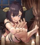  1girl 1girl :d bad_id bad_pixiv_id bare_shoulders barefoot black_skirt blush candle candlelight crop_top crossed_ankles demon_girl demon_horns demon_wings fangs feet feet_on_table foot_focus foreshortening gabriel_dropout hair_between_eyes hair_ornament hairclip hallelujah_essaim hani_haya horns indoors looking_at_viewer medium_hair naughty_face night night_sky open_hands open_mouth outstretched_arms purple_eyes purple_hair skindentation skirt sky smile soles toes v-shaped_eyebrows vignette_tsukinose_april window wings x_hair_ornament 