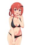 1girl 1girl :d bad_id bad_pixiv_id bare_arms bare_shoulders bat_hair_ornament big_breasts bikini black_bikini body_blush breasts cleavage collarbone commentary_request cowboy_shot fang gabriel_dropout hair_ornament hair_rings hand_up high_res index_finger_raised looking_at_viewer navel nyaroon open_mouth purple_eyes red_hair satanichia_kurumizawa_mcdowell simple_background skindentation smile stomach swimsuit thigh_gap white_background