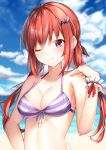 &gt;:) 1girl 1girl bare_arms bare_shoulders bat_hair_ornament bikini blue_sky blurry blurry_background blush breasts cleavage closed_mouth cloud cloudy_sky collarbone commentary_request day depth_of_field fang fang_out front-tie_bikini_top front-tie_top gabriel_dropout glint hair_ornament hair_ribbon halterneck hand_up high_res horizon long_hair looking_at_viewer low_twintails medium_breasts ocean one_eye_closed outside pink_eyes purple_bikini red_hair ribbon satanichia_kurumizawa_mcdowell scrunchie shiero. sidelocks sky smile stomach striped striped_bikini swimsuit twin_tails upper_body v-shaped_eyebrows wrist_scrunchie