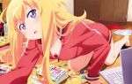 1girl 1girl all_fours barefoot blonde_hair blue_eyes blush bottle breasts computer detexted downblouse gabriel_dropout gabriel_tenma_white jacket laptop long_hair long_sleeves looking_at_viewer messy_hair messy_room no_bra no_pants open_mouth small_breasts soda_bottle third-party_edit track_jacket watanabe_mai water_bottle