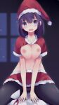1girl 1girl :d alternate_costume black_pantyhose blush breasts capelet christmas commentary_request cowboy_shot crotch_seam fur-trimmed_capelet fur-trimmed_headwear fur-trimmed_skirt fur_trim gabriel_dropout hair_ornament hairclip hat indoors kyuukon_(qkonsan) looking_at_viewer medium_breasts medium_hair navel night night_sky nipples open_mouth panties panties_under_pantyhose pantyhose pantyshot purple_eyes purple_hair red_capelet santa_costume santa_hat sitting skirt sky smile star_(sky) starry_sky topless underwear vignette_tsukinose_april window x_hair_ornament