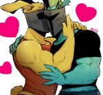 2010s 2017 2boys anthro anthro_only blush_lines clothed dragon duo furry green_body green_skin heart helmet male male/male male_anthro male_only muscular muscular_male rabbit rg01_(undertale) rg02_(undertale) scalie sfw underkadi undertale undertale_(series) unseen_male_face white_hair yaoi yellow_fur