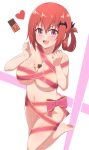 1girl 1girl :d bad_id bad_pixiv_id barefoot bat_hair_ornament big_breasts breasts chocolate chocolate_on_body chocolate_on_breasts commentary_request fang food_on_body gabriel_dropout hair_ornament heart high_res looking_at_viewer naked_ribbon nude nyaroon open_mouth pink_eyes red_hair red_ribbon ribbon satanichia_kurumizawa_mcdowell short_hair smile soles standing standing_on_one_leg valentine