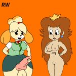  1futa 1girl animal_crossing anthro breasts brown_hair canine canine_penis canis clothed isabelle_(animal_crossing) light-skinned_female light_skin looking_at_another masturbation nintendo nude orange_background princess_toadstool rarewaifus standing super_mario_bros. the_super_mario_bros._super_show! 