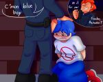 2boys arrested big_penis black_shoes blue_hair blue_pants boyfriend_(friday_night_funkin) english_text erect_penis erection flushed friday_night_funkin glasses male male_only nervous orange_hair penis penis_out pico&#039;s_school pico_(newgrounds) police_uniform red_shoes text white_shirt yaoi