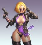  1girl asymmetrical_gloves big_breasts black_gloves black_jacket black_panties black_thighhighs blonde_hair breasts character_name collarbone dress english_text fingerless_gloves gloves gun hand_on_eyewear high_res jacket katoyo85 knife leather leather_jacket looking_at_viewer namco nina_williams open_clothes open_jacket open_mouth panties purple_dress short_hair stockings sunglasses teeth tekken tekken_2 tekken_3 tekken_4 tekken_5_dark_resurrection tekken_7 tekken_8 tekken_blood_vengeance tekken_bloodline tekken_tag_tournament tekken_tag_tournament_2 tekken_the_motion_picture thigh_strap tongue tongue_out torn_clothes underwear weapon 