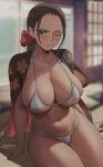  bikini black_hair blue_eyes bow hourglass_figure huge_breasts long_hair looking_at_viewer nico_robin one_piece ponytail shexyo smile straw_hat_pirates wink 
