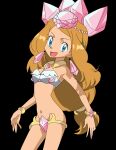  absurd_res blonde_hair blue_eyes cosplay creatures_(company) earrings female_focus game_freak high_res jewelry leogomezart15 long_hair looking_at_viewer navel nintendo open_mouth pokemon pokemon_(anime) serena_(pokemon) simple_background small_breasts younger_female 