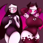 big_breasts big_thighs demon_horns demon_sarvente_(fnf) demon_wings dual_persona friday_night_funkin friday_night_funkin_mod grin mid-fight_masses mid-fight_masses_(dokki.doodlez) newgrounds pink_background pink_body pink_eyes pink_skin sarvente_(dokki.doodlez) simple_background square_crossover white_eyes