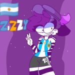  argentina argentina_flag argentina_shirt big_breasts big_thighs looking_at_viewer piggy_(game) purple_background purple_hat text zebra zizzy_(piggy) 