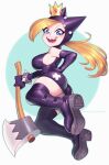 armwear axe blonde blonde_hair blue_eyes boots character_request crown elbow_gloves gloves hoody long_boots miniskirt nintendo princess_peach sharp_teeth stockings supersatanson teeth_clenched thighs video_games wapeach_(nintendo)