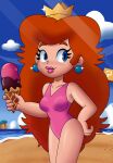  1girl 1girl beach ice_cream looking_at_viewer mariohenri nintendo one-piece_swimsuit princess_toadstool super_mario_bros the_super_mario_bros._super_show! 