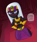 bikini_top black_skin bracelet duck_dodgers egyptian_clothes headband jewel_on_forehead jewelry long_hair looking_at_viewer martian_(duck_dodgers) pov purple_eyes queen_tyr&#039;ahnee tombstonejoe transparent_clothing white_hair