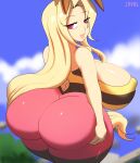  1girl 2023 antennae_(anatomy) ass ass_focus big_ass big_breasts blonde_hair cleavage clothed curvy ember hand_on_ass huge_breasts long_hair looking_back nipple_bulge original_character pink_eyes presenting_ass seductive sideboob smug sonic_robo_blast_2 thick_thighs viewed_from_behind voluptuous wide_hips zaviel 