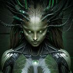  1girl ai_generated artificial_intelligence circuitboard circuitboard_skin evil_smile glowing_eyes green_eyes looking_at_viewer mecha mechanical mechanophilia robot_girl robot_humanoid robot_joints shodan system_shock wire wire_hair wires 