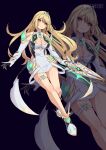 1girl aegis_sword_(xenoblade) alluring bare_shoulders blonde_hair blue_background blush cleavage coattails dress earrings full_body gloves hair_flip high_res holding holding_sword holding_weapon jewelry long_hair looking_at_viewer mythra nintendo shiny_skin smile sword thigh_strap tiara twitter_username weapon white_dress white_footwear xenoblade_(series) xenoblade_chronicles_2 yaizaberry yellow_eyes