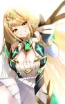  1girl 1girl alluring bare_shoulders big_breasts blonde_hair blush chest_jewel cleavage dress earrings elbow_gloves gloves grin headpiece high_res jewelry long_hair looking_at_viewer mythra nintendo ponfu_y smile swept_bangs teeth tiara very_long_hair xenoblade_(series) xenoblade_chronicles_2 yellow_eyes 