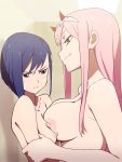  1girl 2_girls asymmetrical_docking big_breasts blue_hair blush breast-to-breast breast_envy breast_press breasts closed_mouth darling_in_the_franxx green_eyes high_resolution horns ichigo_(darling_in_the_franxx) long_hair looking_at_another monsoon multiple_girls nipples nude pink_hair red_horns short_hair size_difference small_breasts smile smirk upper_body yuri zero_two_(darling_in_the_franxx) zeroichi_(darling_in_the_franxx) 