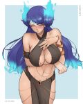 1girl absurd_res alluring big_breasts blue_fire blush brighid_(xenoblade) closed_eyes curvy fiery_hair fire high_res lao_arts long_hair looking_at_viewer meme meme_attire navel nintendo revealing_clothes xenoblade_(series) xenoblade_chronicles_2