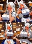 ai_generated beer blush blush boku_no_hero_academia breasts_out_of_clothes breasts_outside bunny_ears bunny_girl flower_on_head long_ears long_hair looking_at_viewer mirko nipples nipples_visible_through_clothing pov red_eyes waitress waitress_uniform white_hair