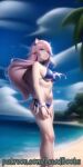  1girl ai_generated ass_expansion beach blue_bikini blue_eyes breast_expansion cat_ears collar holding_breast lewdboobs light_skin nipple_peak patreon_link pink_hair self_upload snapping_fingers sound sound_effects video waving webm 