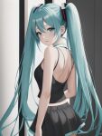 1girl bare_back bare_shoulders black_bra blue_eyes blue_hair female_only hair_ornament looking_at_viewer looking_back medium_breasts miku_hatsune shmebulock36 skirt smile twin_tails vocaloid