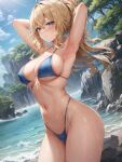 1girl alluring big_breasts bikini blonde_hair cleavage genshin_impact heizen jean_gunnhildr posing sea wet