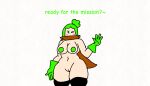 b3-hiper big_breasts big_gloves big_nipples big_thighs black_boots cape english_text flushed friday_night_funkin friday_night_funkin_b3_(mod) friday_night_funkin_mod green_gloves green_hat green_nipples green_text hiper_(oc) hiperina_(oc) naughty_face pussy scarf scarf_over_mouth white_background