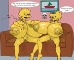  breast_grab breasts couch gigantic_breasts incest lactation lisa_simpson maggie_simpson nipple_grab nipple_pinch nude pussy smile the_fear the_simpsons yellow_skin 